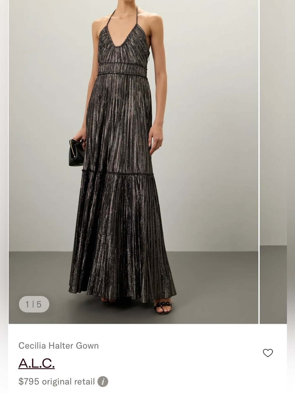A.L.C. Metallic Black Halter-Style Pleated Maxi Dress - Picture 3 of 9